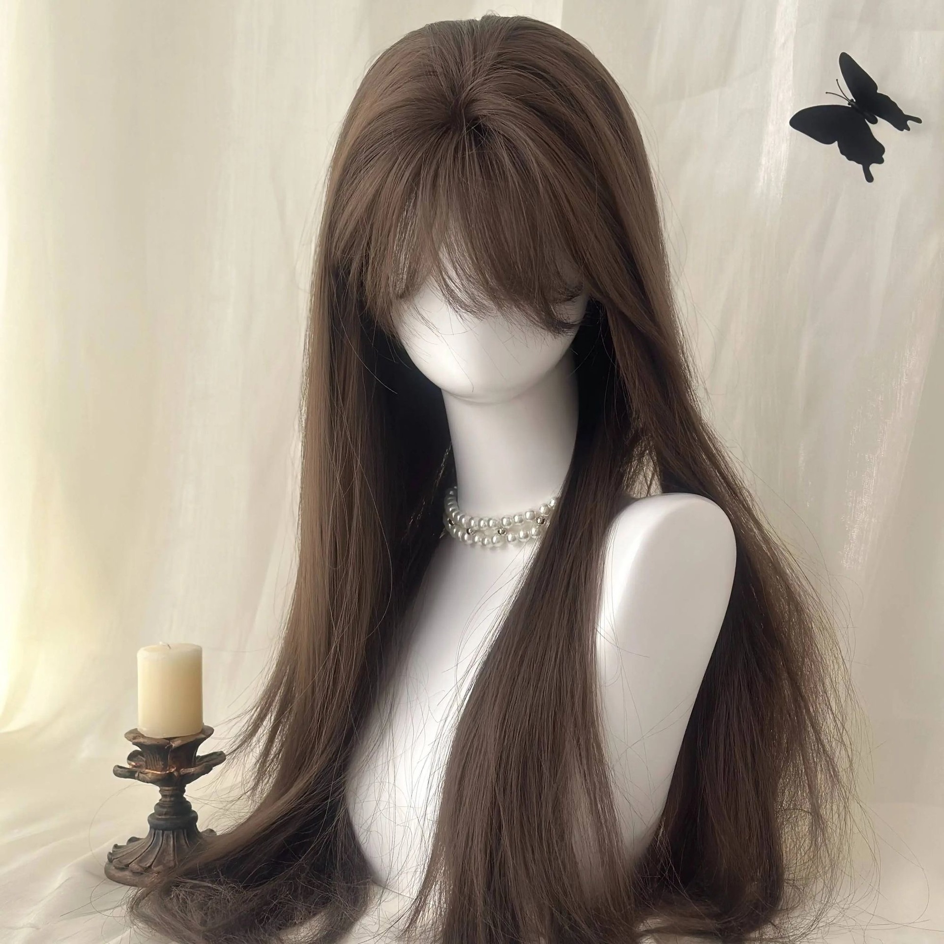 Connie pruik [kokosmelk koffie] damespruik, zoete melktheekleur, luchtpony, elegant lang recht natuurlijk ogend haar