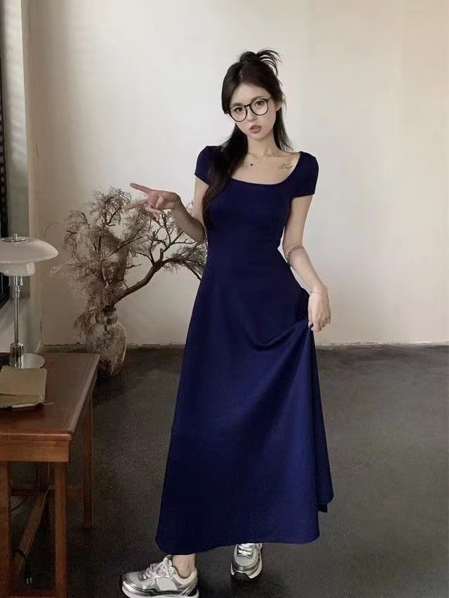 法式方领蓝色短袖连衣裙女夏季新款高端气质小个子过膝A字长裙子