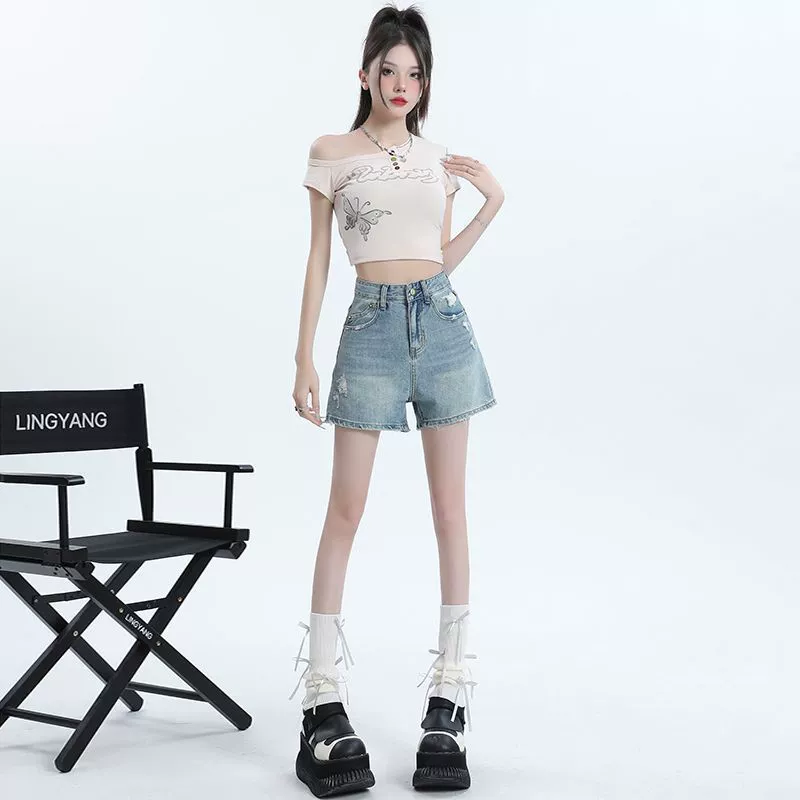 Джинсовая юбка с Shorts, штаны в американском стиле, высокая талия, для подростков, приталенная, свободный крой, А-силуэт