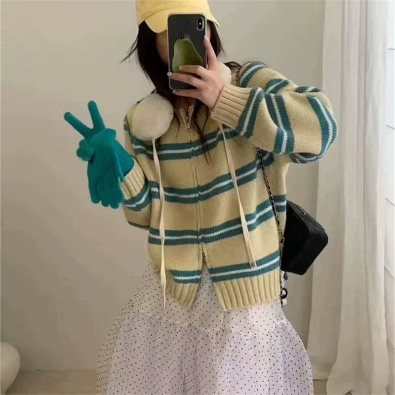 韩系慵懒风条纹拉链毛衣外套女秋冬新款宽松显瘦百搭针织开衫上衣|undefined