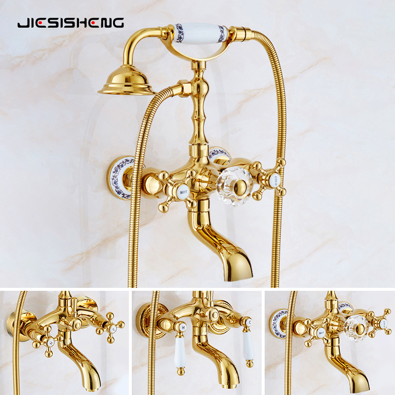 Golden French Simple Shower suit Brass Bathroom Double Handle Hot and Cold Bathtub Faucet Handheld Shower Head Golden French Simple Shower suit Brass Bathroom Double Handle Hot and Cold Bathtub Faucet Handheld Shower Head
