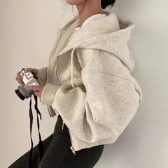 グレーショートスウェットシャツジャケット女性のための春と秋 2025 新しいフード付きスポーツ小さなジッパー薄いカーディガントップトレンディ