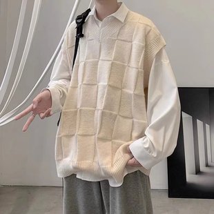 Plaid Sweater Men's Spring and Autumn Vest Ins Trendy Korean-style High-end Knitted Sweater Solid Color Base Line Sweater Top