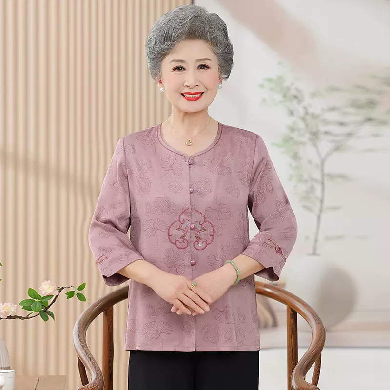 老年人女装夏天新款奶奶女夏装衬衫圆领上衣60岁70妈妈中袖上衣女
