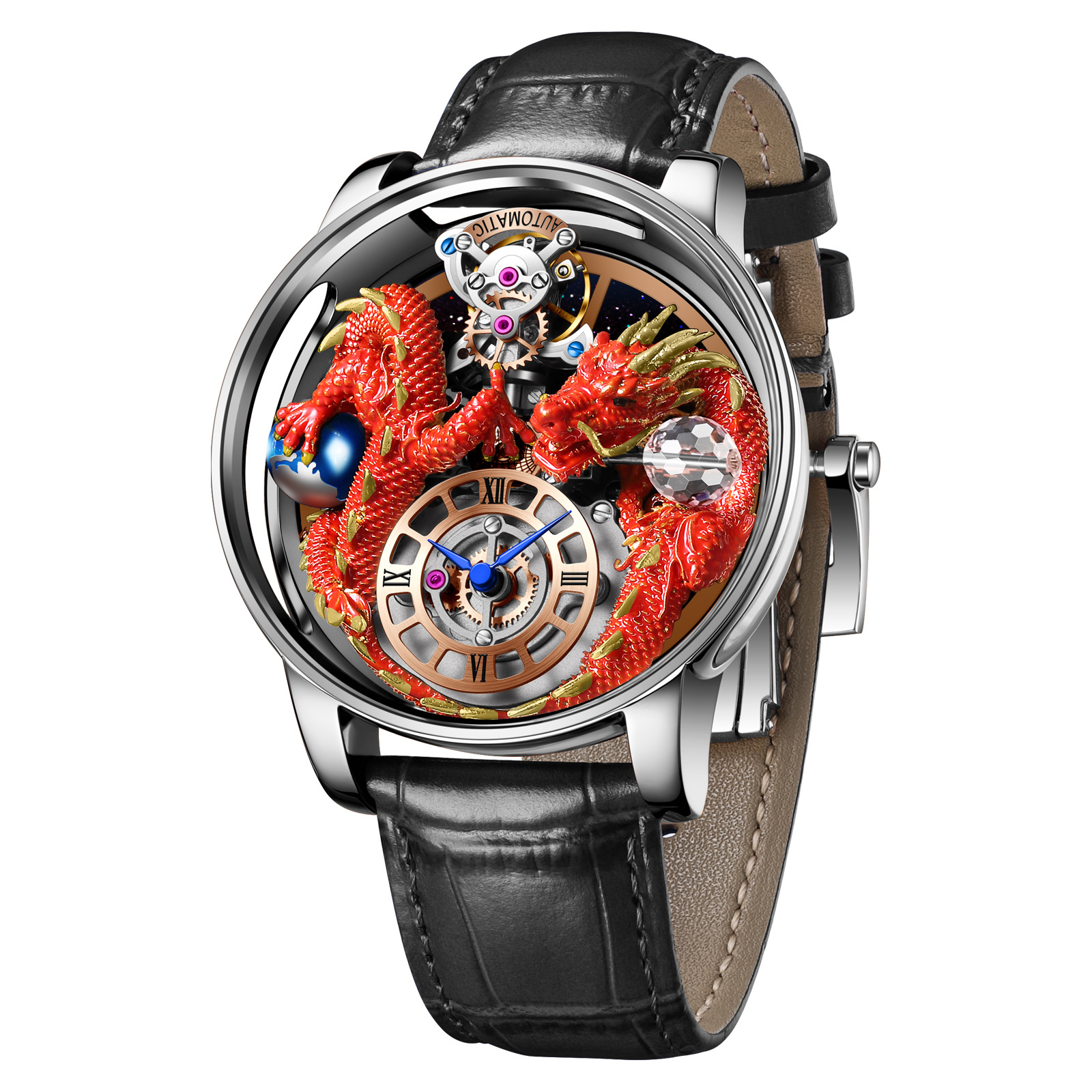 Đồng hồ nam automatic lộ máy chống nước dây thép không gỉ — Hồng Lục Long Lục Bì, Hồng xanh da rồng màu xanh da, Hồng Lục Long Hắc Bì, Hoa Hồng Green Dragon Net Belt