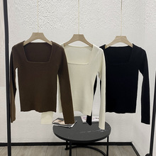 特价！法式方领打底衫女秋冬长袖可外穿修身短款小心机针织上衣
