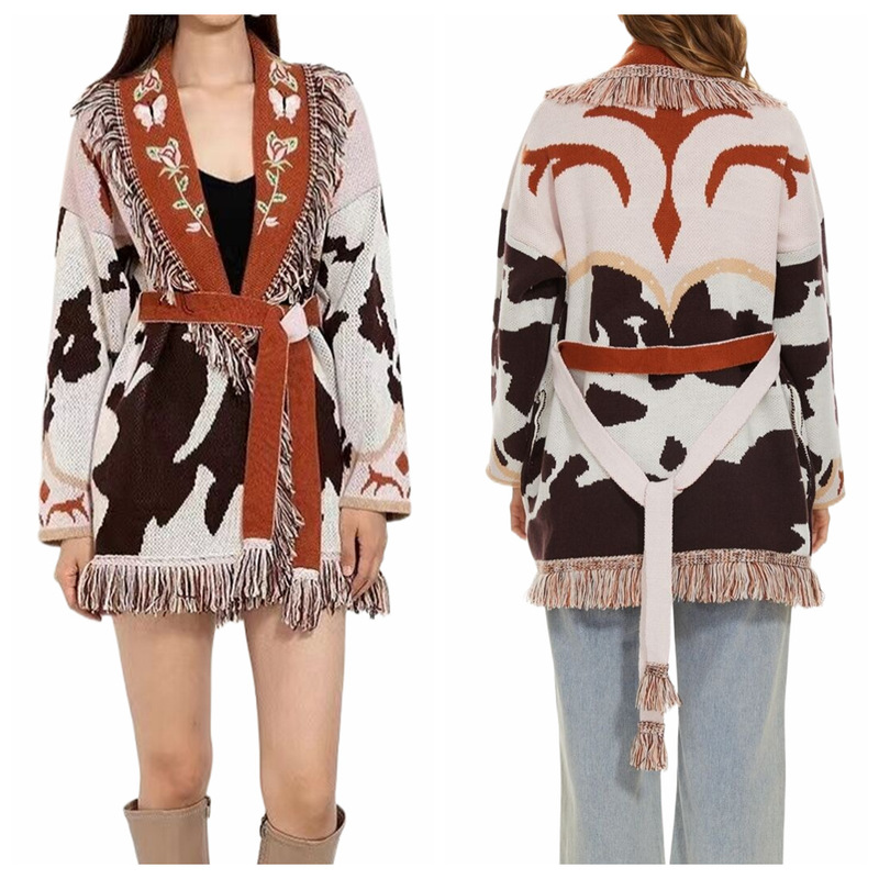 Amazon European and American Cross-border Bohemian Jacquard Knitted Cardigan Niche Ethnic Embroidered Flower Sweater Jacket