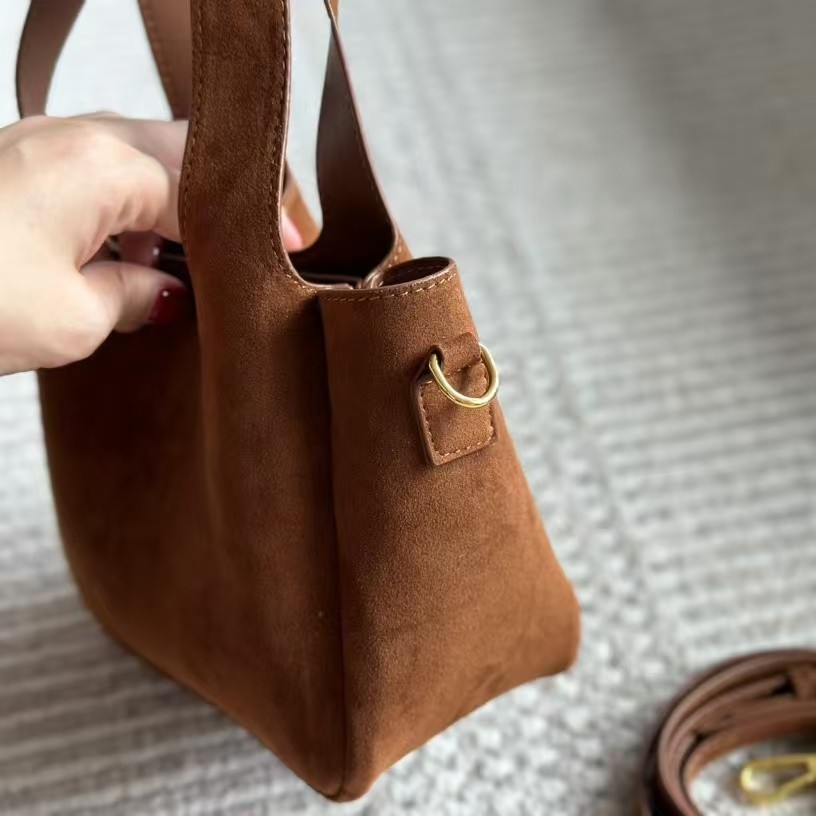 Commuter Suede Vintage Market Bag Frosted Leather Bucket Bag Handheld Tote High-End Niche Crossbody Bag For Women - Thumbnail 2