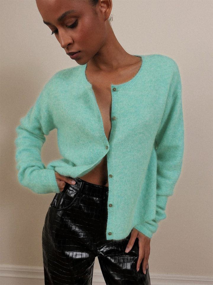 Áo cardigan len nữ cổ tròn dáng rộng cài khuy một hàng, dài tay, phong cách thanh lịch — Màu trắng, Xanh bạc hà, màu xám chi tiết 5