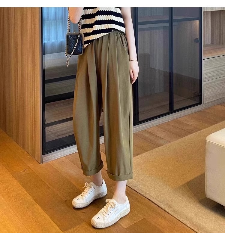 Quần dài ống đứng nữ vải lụa băng mỏng mùa hè, dáng suông thoáng khí, cỡ lớn cho người mập — 9 phân mẫu mỏng màu đen chi tiết 10