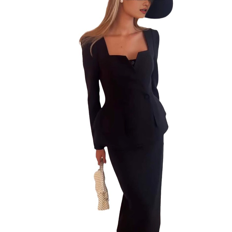 Autumn/Winter New Elegant Commuter Long-Sleeve Pocket Two-Piece Set INS Casual Loose Party Two-Piece Set_ecoleips.com