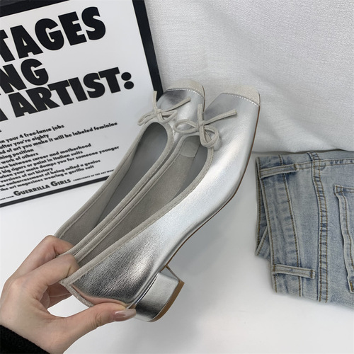French style small fragrant style thick heel single shoes for women 2024 spring and autumn new style bow sweet grandma shoes low heel ballet shoes