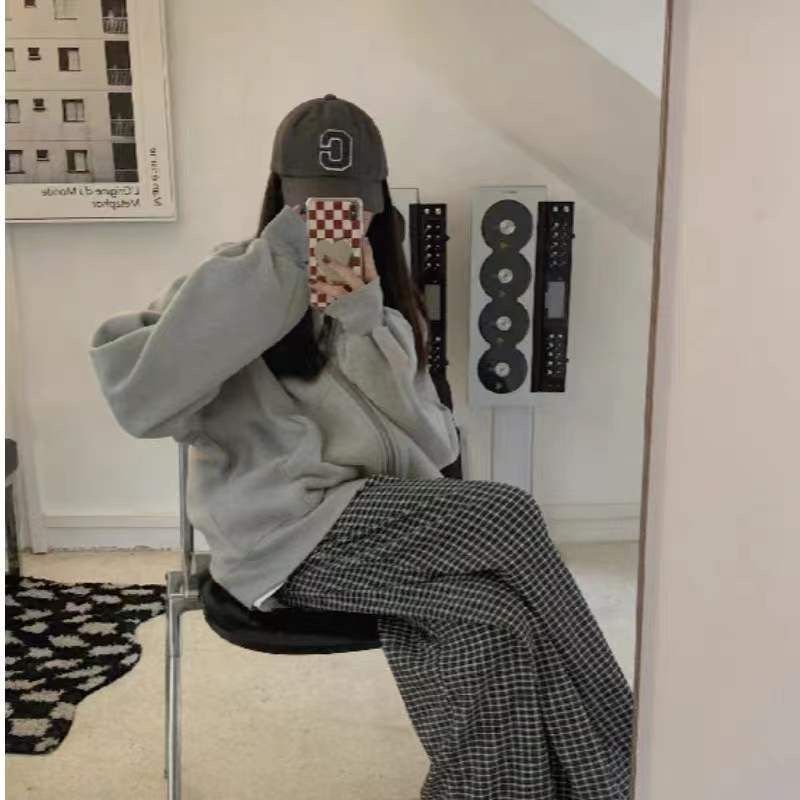 灰色连帽运动卫衣外套女春秋冬季加绒学生开衫盐系大码拉链上衣潮|undefined