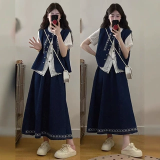 大码女装胖mm牛仔刺绣马甲半身裙蕾丝短袖三件套