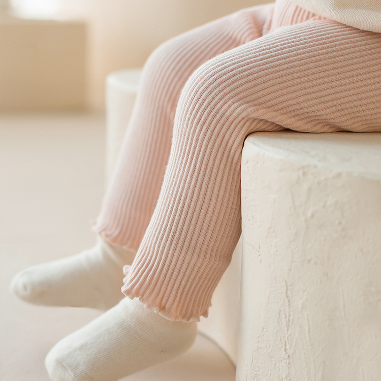 韩版童裤宝宝木耳边棉坑条秋裤婴儿大弹力打底裤婴童卷边纯色长裤