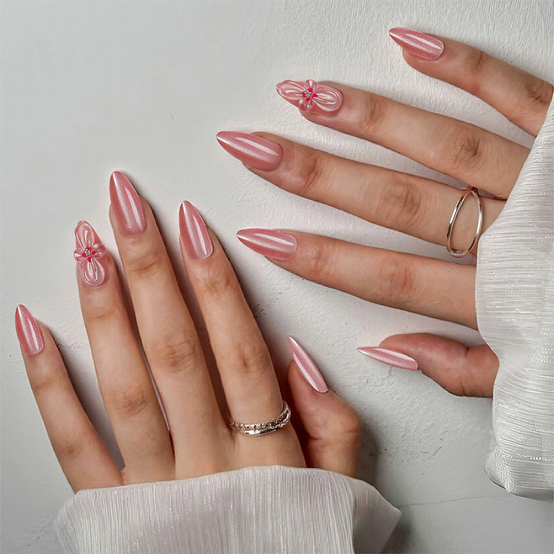 Cross-Border Glossy Nude Flower Wearable Nails Almond Whitening Pure Desire Ladies Removable Wearable Nails Wholesale