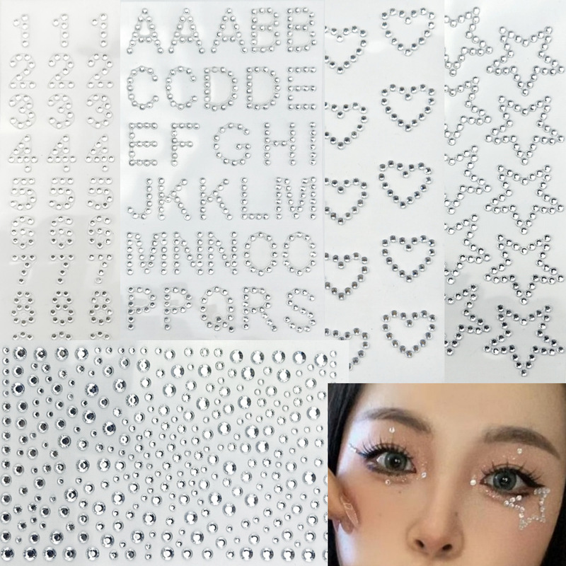 Amazon hot sale diamond stickers suit letters and numbers five-pointed star Love silver flash Diamond adhesive with diamond face stickers