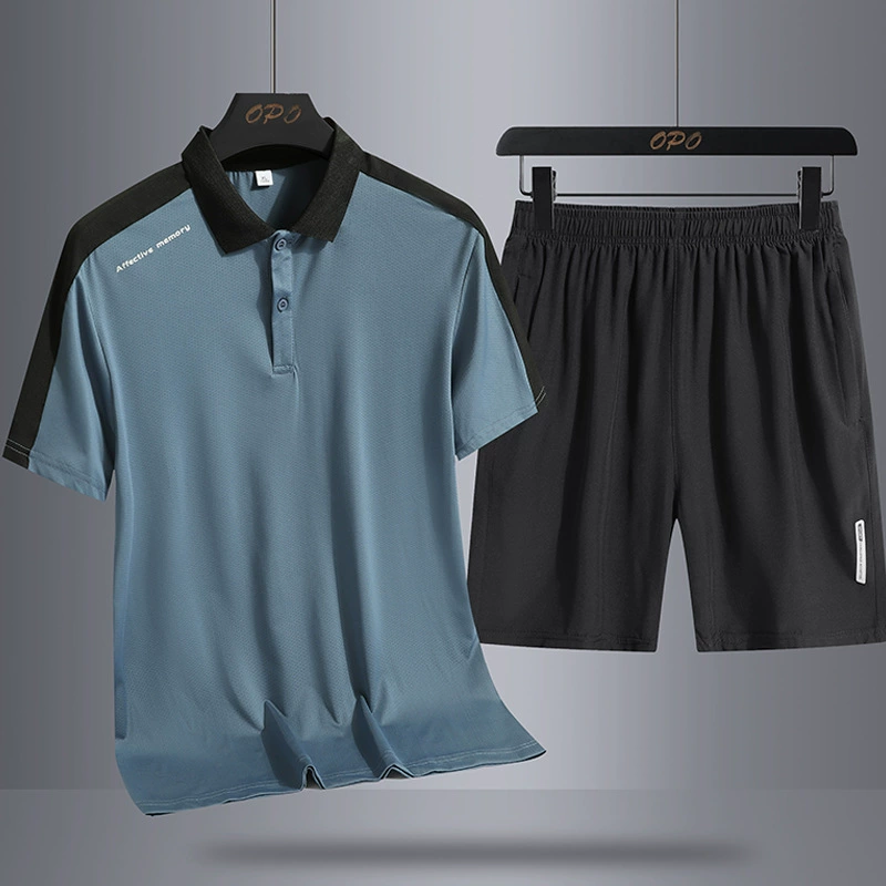 Толстовка с короткими рукавами, шорты, костюм из ледяного шелка, мужская футболка из двух предметов для летних каникул, красивый комплект повседневного спорта.