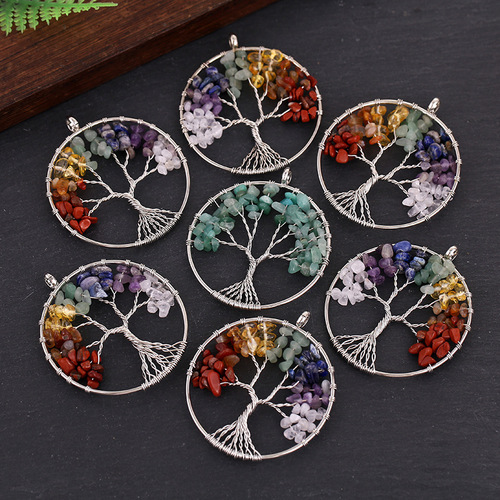 Cross-border natural gravel crystal tree of life pendant colorful wire wrapped money tree necklace diy jewelry accessories pendant
