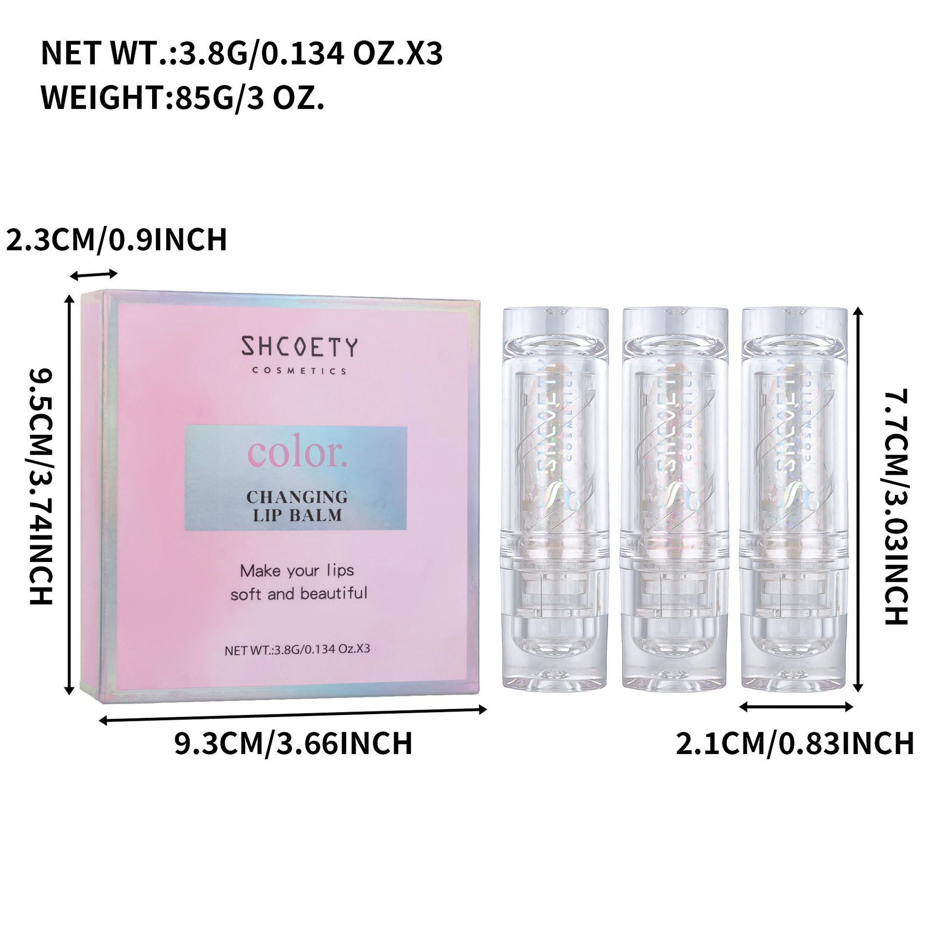 SHCOETY Cross-border 3-color temperature-changing Lipstick Set Flash Anti-Cracking Long-lasting Moisturizing Lip Oil Hydrating Jelly Lipstick Specification drawing