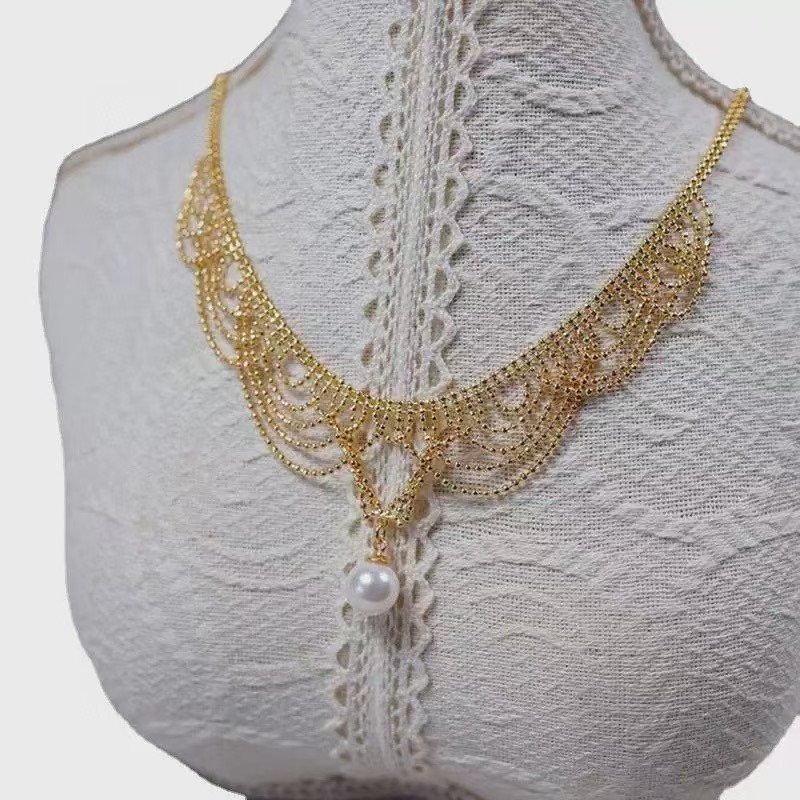 Colar de pérolas Edison com franjas de renda elegantes em vários estilos, colar leve e luxuoso em estilo francês para mulheres._voghion.com