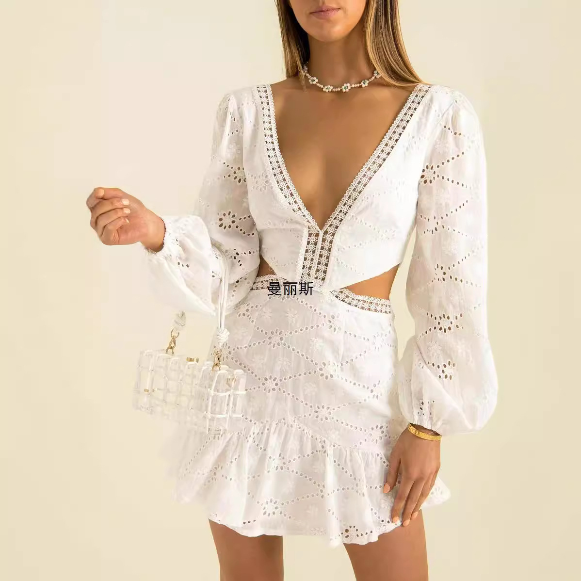 (Cross-border trading), summer white lace dress, European style, V-neckline