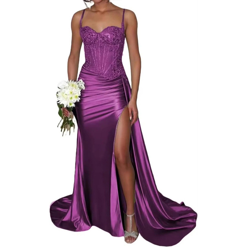 Vestido de noche sexy dividido de satén Vestido largo de tubo transfronterizo europeo y americano con cintura de espina de pescado Vestido delgado Falda larga image 15