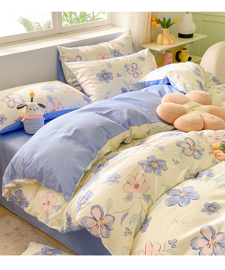 暖西施 100%纯棉四件套全棉喷气印花小清新四件套