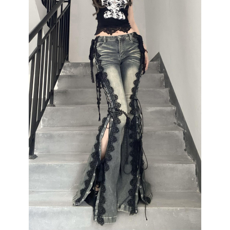 American Style Vintage plus size Lace Strap Split Jeans Women's Spice Girls Slim-fit Slim-fit Micro-horn Mop Pants American Style Vintage plus size Lace Strap Split Jeans Women's Spice Girls Slim-fit Slim-fit Micro-horn Mop Pants