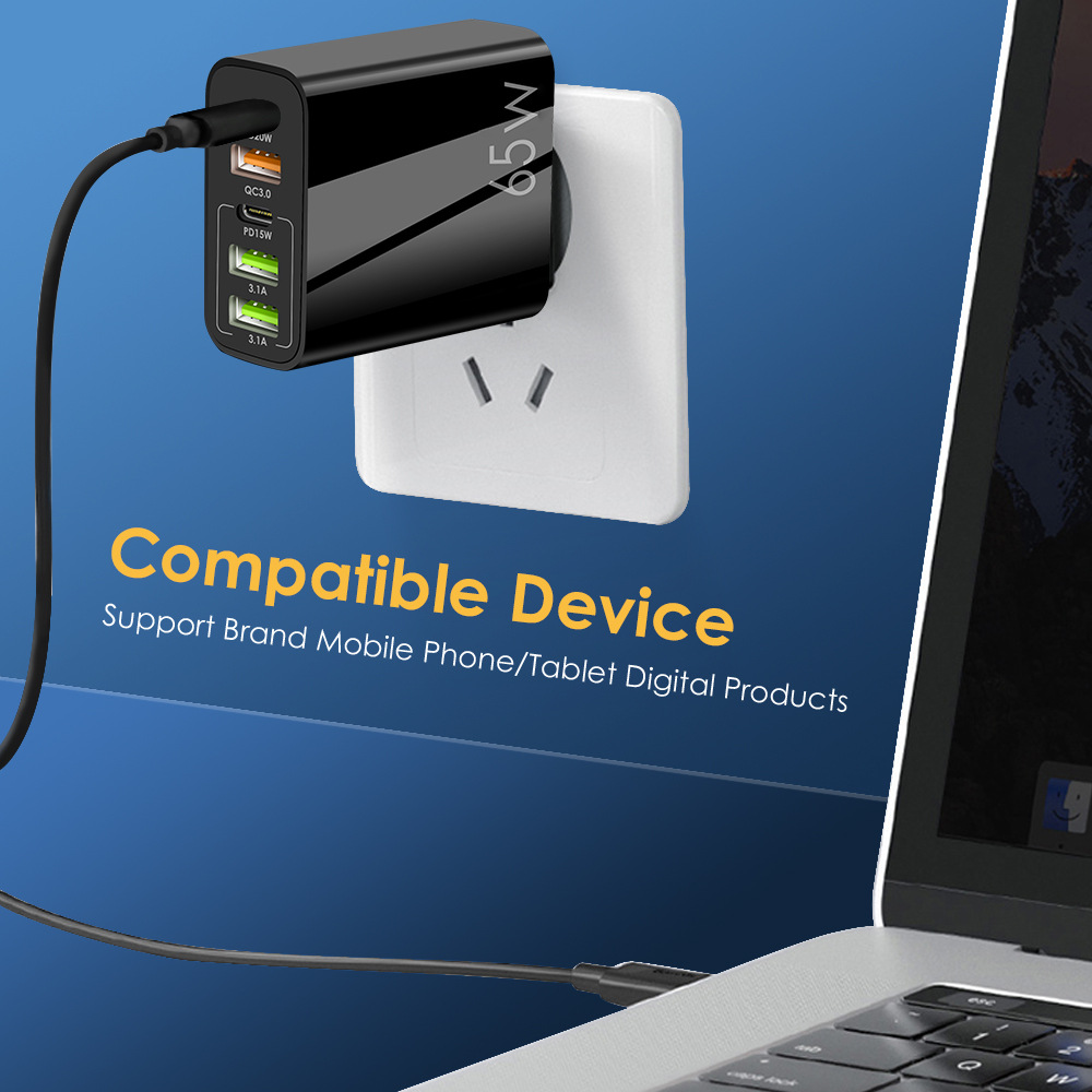 Transfronterizo 65W cargador europeo y americano británico estándar multi-Puerto teléfono móvil carga cabeza PD20w + 2A enchufe tipo-C adaptador