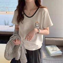 纯棉V领正肩短袖t恤女夏季薄款时尚百搭洋气减龄宽松显瘦撞色上衣
