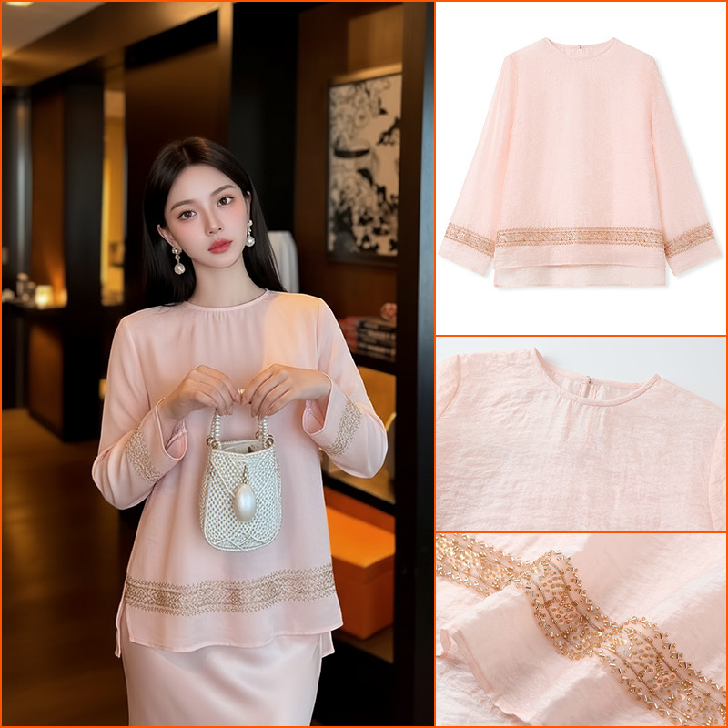 Early Spring Chinese Style Beaded Embroidery Glossy Long-Sleeve Shirt for Women, New Chinese Fashion Design Elegant Top P0126 Early Spring Chinese Style Beaded Embroidery Glossy Long-Sleeve Shirt for Women, New Chinese Fashion Design Elegant Top P0126
