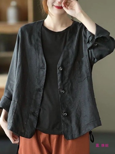 Chinoise Women's Literary Three-Button Elegant Suit Jacket Outerwear Slimming Solid Color Versatile Cotton Linen Cardigan Top