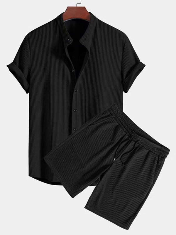 Men's Summer Shirt Set Short Sleeved Solid Color Corduroy Style For Men_viptrois.com