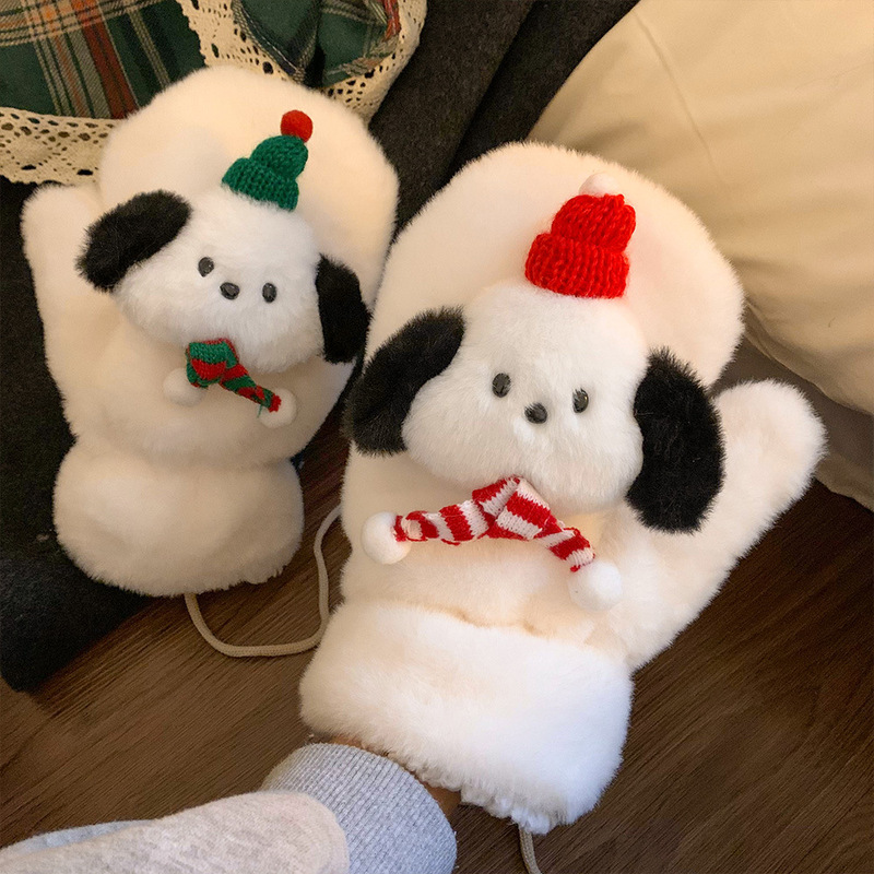 クリスマス風の子犬のぬいぐるみの手袋の女性の冬の保温は厚いです。|undefined