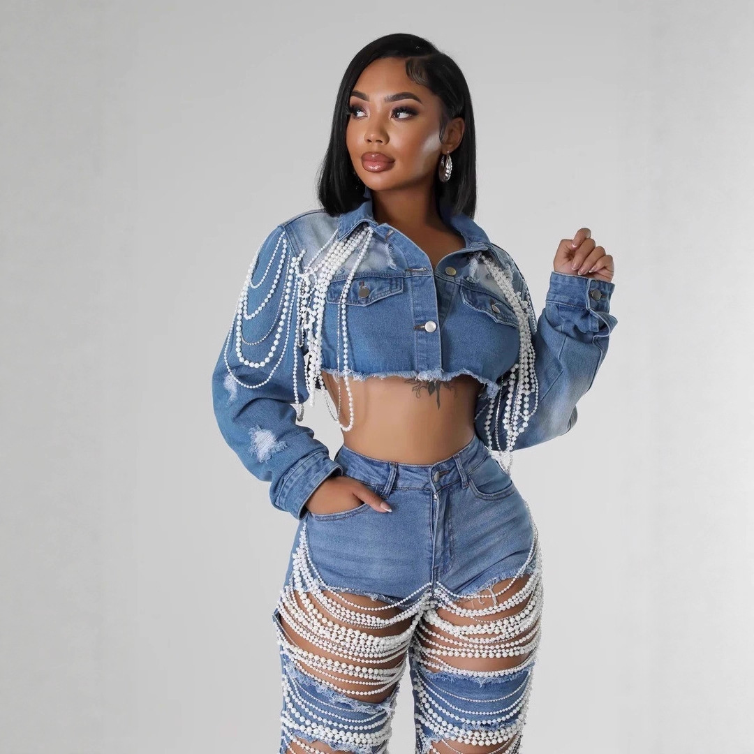 Women's Denim Jacket With Pearl Embellishments – Trendy Oversized Vintage Coat, Handcrafted Beaded Details For Streetwear & Casual (Blue, S-2xl)_voghion.com