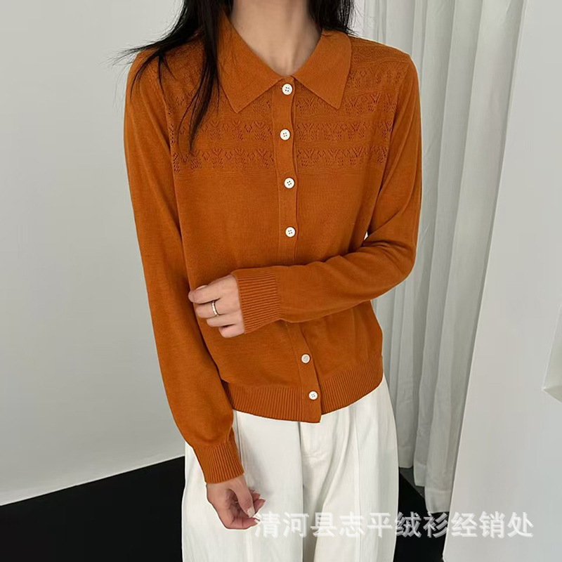 Women's brown shirt-style knitted cardigan with a turn-down collar and buttons, slimming top for spring and autumn, new base layer shirt