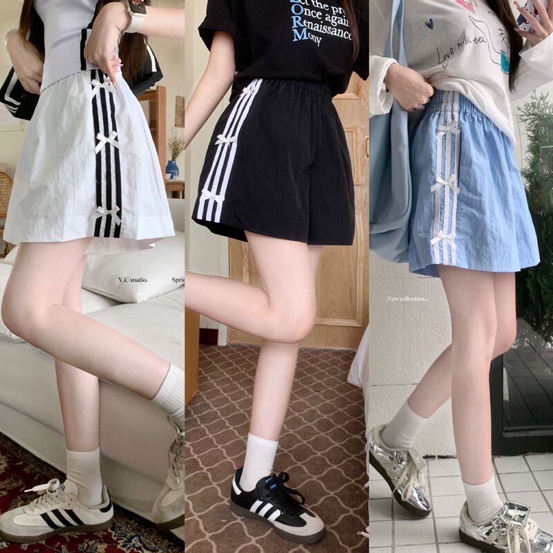 Design Sense Striped Casual Shorts Summer All-match Pants Women's New High Waist Slimming Bow Stitching Wide-leg Pants Design Sense Striped Casual Shorts Summer All-match Pants Women's New High Waist Slimming Bow Stitching Wide-leg Pants