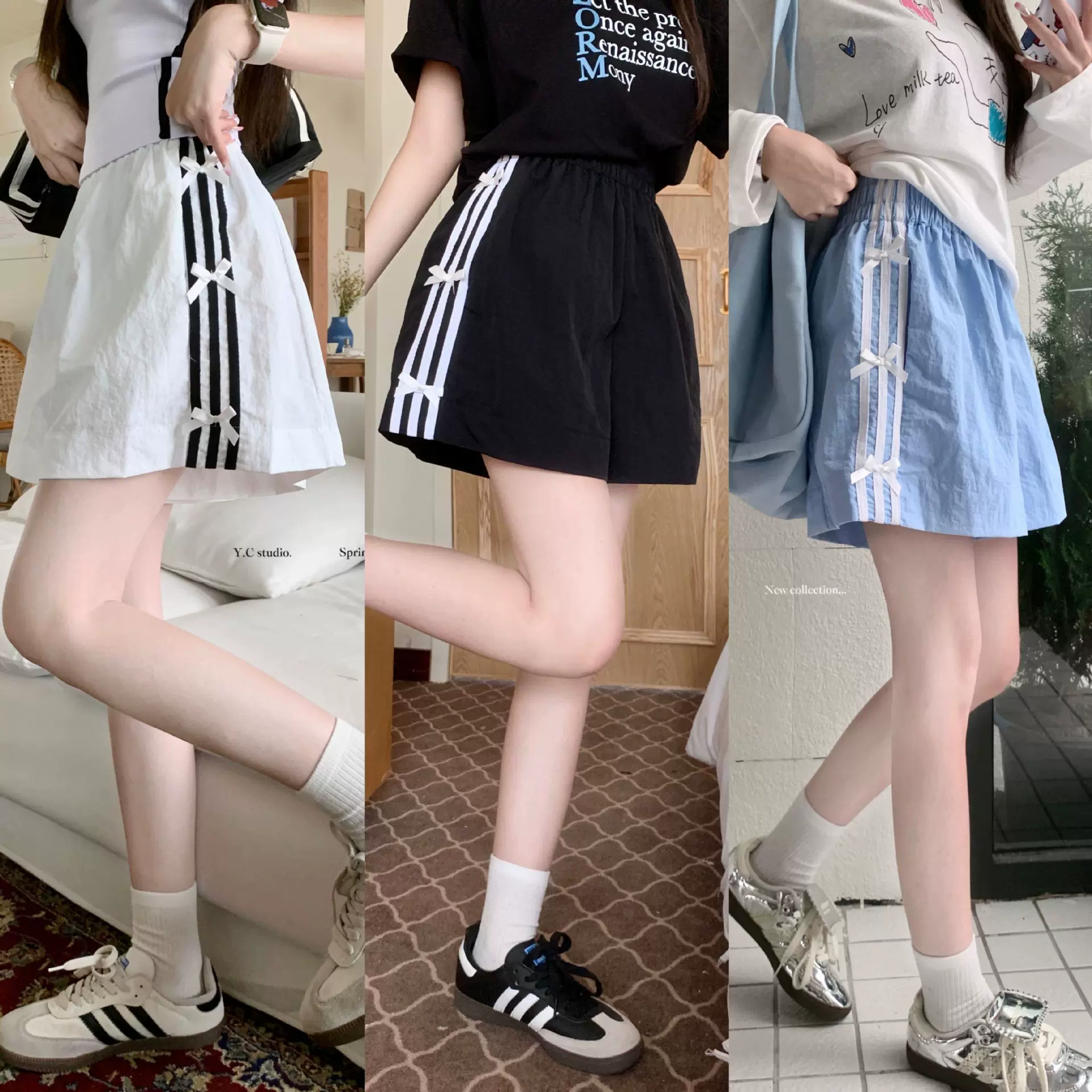 设计感条纹休闲短裤夏季百搭裤子女新款高腰显瘦蝴蝶结拼接阔腿裤