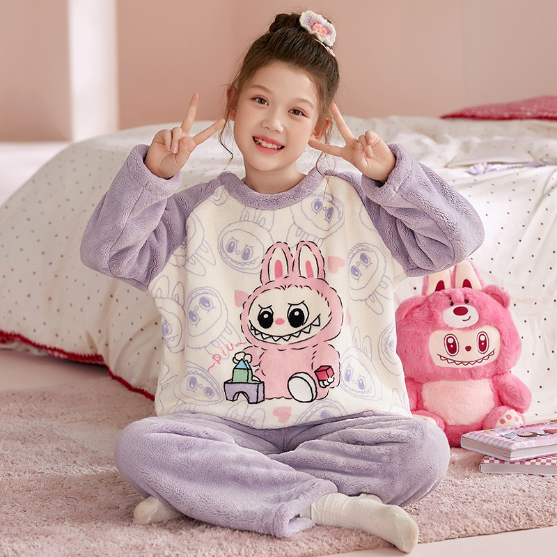 Labubu Pajamas Girls Autumn and Winter Thick Flannel Warm Medium and Large Children Cartoon Coral Fleece Casual Home Clothes