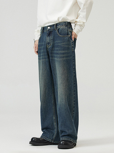 Muxi Clothing #Autumn high street loose straight pants dark blue retro washed old jeans men and women's wide-leg pants
