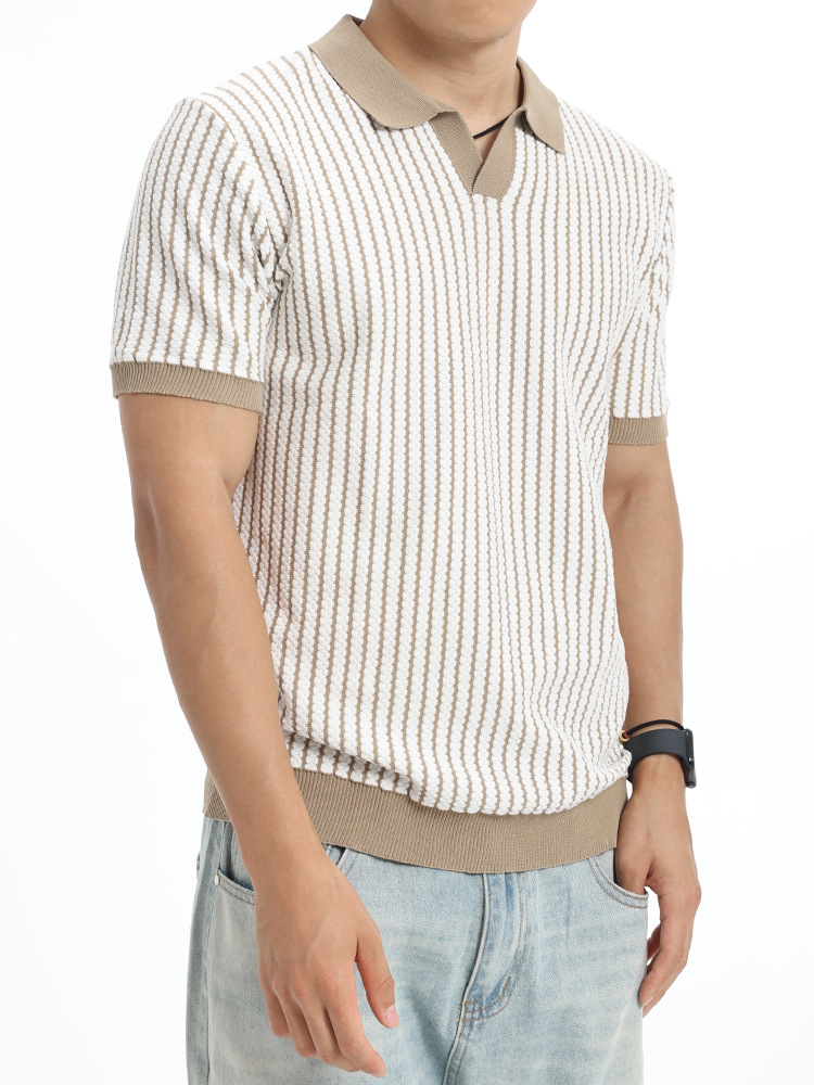 Camisas de polo de punto a rayas verticales de verano hombre ligero viento collar de collar de manga corta chaqueta de negocios casual al por mayor transfronteriza