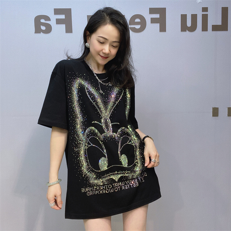 Extras Large Size American Style All-Match Short-Sleeved T-Shirt Women's Pure Cotton Black Summer Women's Clothes Hot Drilling Round Neck Half-Sleeved Top