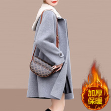 双面毛呢外套女秋冬加厚中长款高级感洋气连帽小个子呢子灰色大衣
