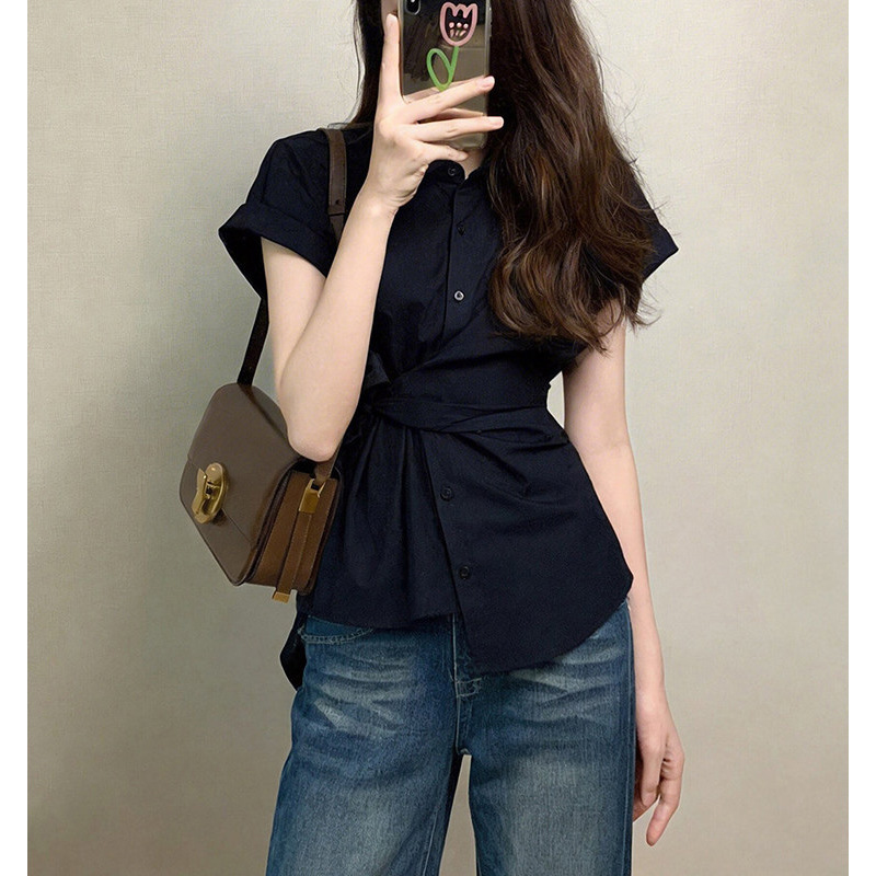 Áo sơ mi polo nữ cổ bẻ tay ngắn phong cách Pháp, dáng ôm nhẹ — màu đen chi tiết 1