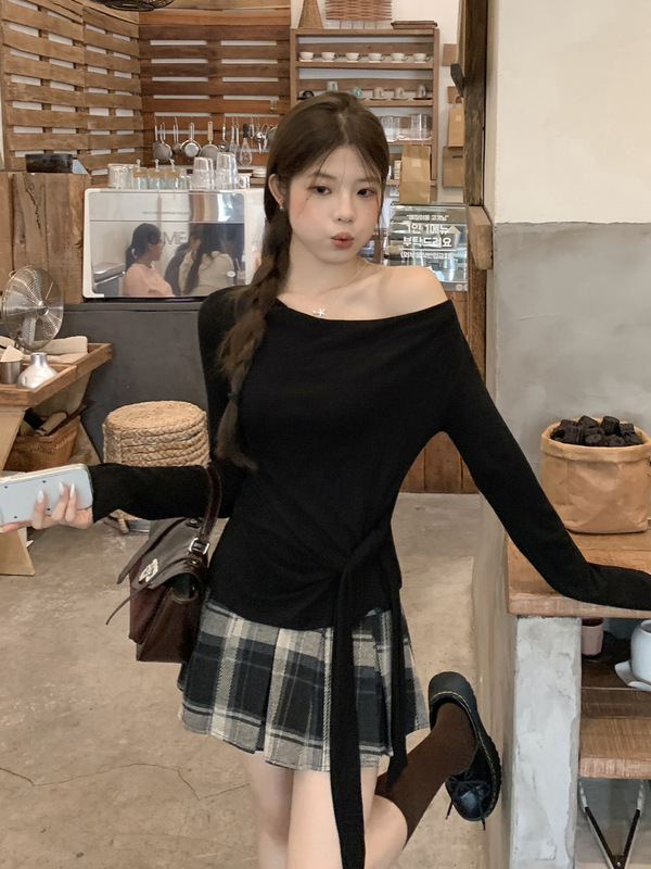 咖色荡领侧绑带长袖T恤女秋季新款内搭打底衫设计感修身显瘦上衣|undefined