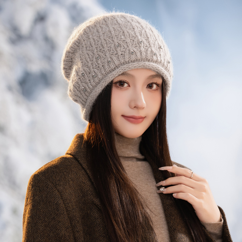 帽子女秋冬时尚百搭大头围兔毛保暖帽韩版加绒加厚防风针织毛线帽|undefined