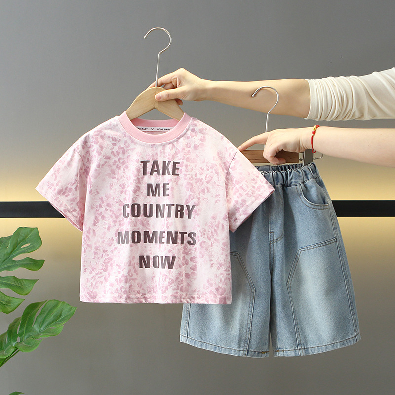 7914 traje de manga corta de verano para niños 2025 nuevos pantalones vaqueros coreanos para niños de dos piezas ropa de verano de moda para bebés