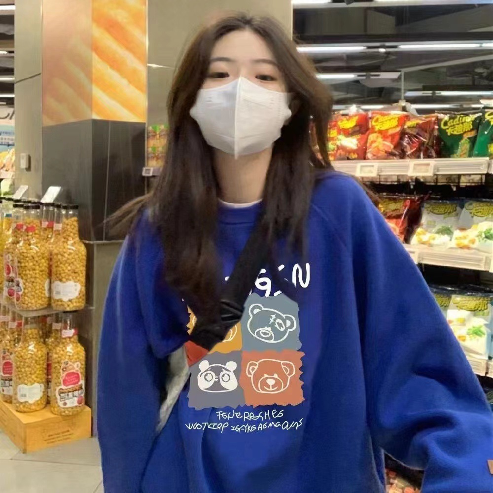 重磅华棉美式oversize圆领卫衣女2024秋冬新款加绒加厚无帽上衣