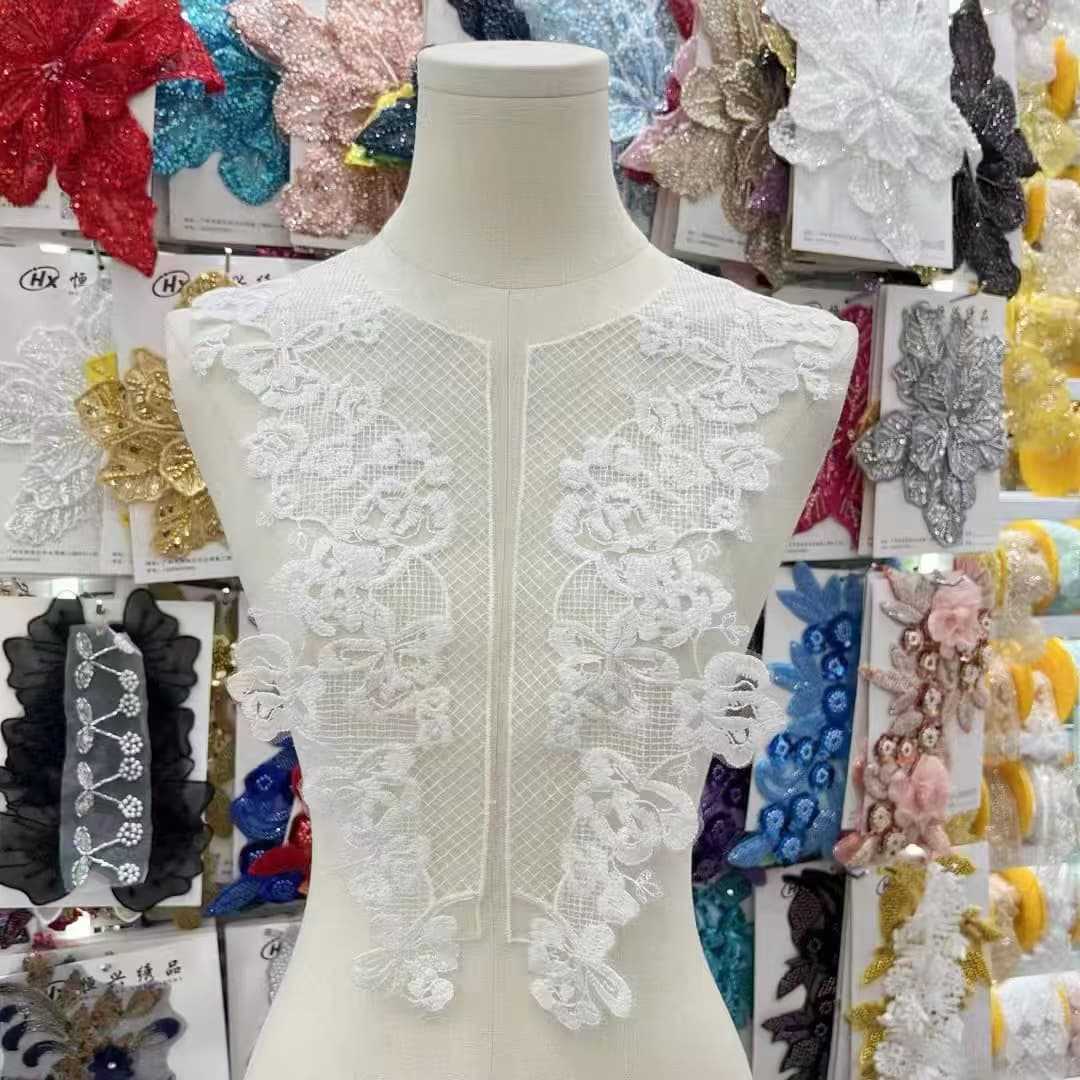 蕾丝胸前旗袍婚纱礼服时装演出服贴花镂空亮片领子厂家批发魔术贴